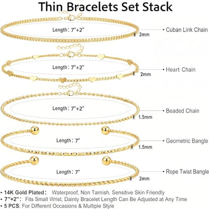 Dainty Gold Bracelet for Women Trendy Non Tarnish, Thin Bracelets Stackable Set with Bangle Cuff, Box, Herringbone, Paperclip, Figaro, Sparkling Link Chains Waterproof, Simple Jewelry Gifts for Women - color: Gold-cuban/cuff/heart/beaded/twisted/rope