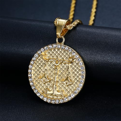 HIJONES Men's Women's Stainless Steel Zodiac Coin Embossed Necklace CZ Astrology Horoscope Pendant Necklace - color: Gold Libra