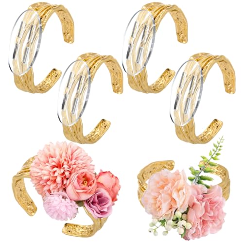 Hotop 4 Set Gold Corsage Wrist Bracelet Bands Chunky Textured Multi-layer Bride Bracelet Adjustable Wrist Corsage DIY Wedding Wristband Wide Open Cuff Accessory for Bridal Party Prom - color: Gold, style: Chunky Textured