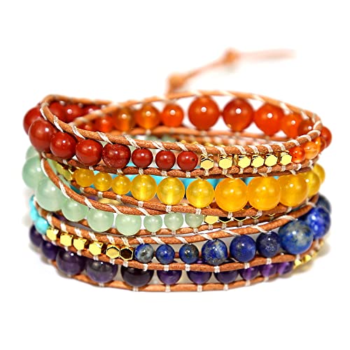 Boho Wrap Bead Bracelet for Women - Handmade Adjustable Natural Stone Beaded Bracelets Yoga Healing Bracelet Bangle Hippie Jewelry - color: Chakras