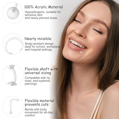 36Pcs Clear Piercing Retainers Plastic Piercings for Surgery Nose Rings Studs Tongue Belly Ring Septum Eyebrow Nipple Lip Labret Tragus Cartilage Earring Industrial Bar for Work