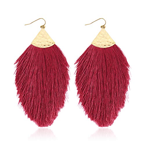 Bohemian Silky Thread Fan Fringe Tassel Statement Earrings - Lightweight Strand Feather Shape Dangles - color: Feather Fringe - Plum