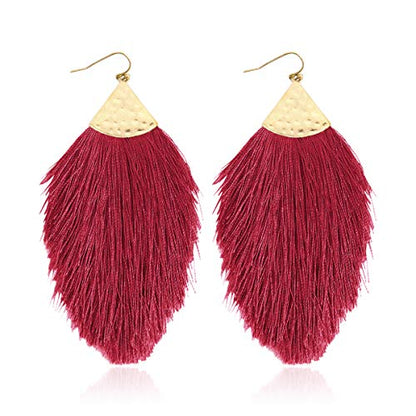 Bohemian Silky Thread Fan Fringe Tassel Statement Earrings - Lightweight Strand Feather Shape Dangles - color: Feather Fringe - Plum