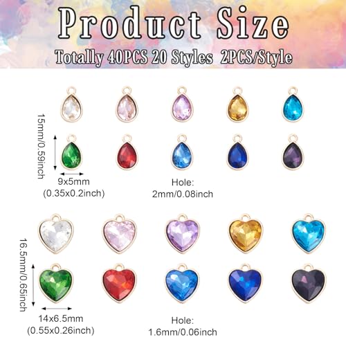 Cheriswelry 40Pcs Faceted Glass Heart Alloy Charms Rhinestone Crystal Teardrop Pendants with Zinc Findings 20 Styles 15-16.5mm for DIY Crafts Necklace Earring Jewelry Making - color: Mixed Color-Heart & Teardrop