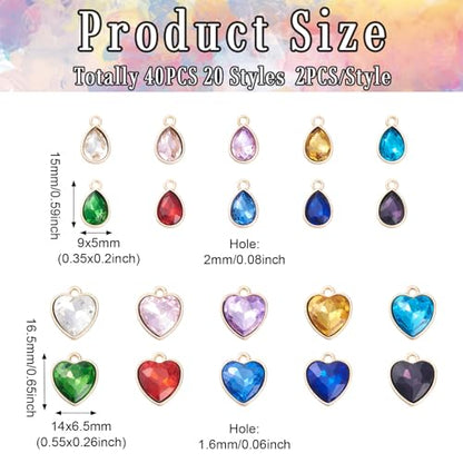 Cheriswelry 40Pcs Faceted Glass Heart Alloy Charms Rhinestone Crystal Teardrop Pendants with Zinc Findings 20 Styles 15-16.5mm for DIY Crafts Necklace Earring Jewelry Making - color: Mixed Color-Heart & Teardrop