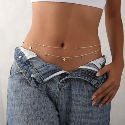 Waist Chain for Women 14K Gold/Silver Plated Body Chain Beads Link Belly Chains Belly Belt Waist Beads Chains Adjustable Sexy Bikini Body Jewelry Daily Belts Gifts for Women - style: 2Pcs Peacock Green Beads-GD