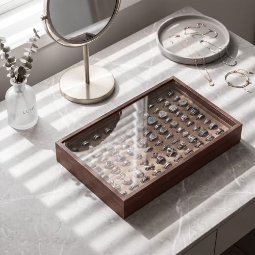 Wood Jewelry Organizer Tray, Rings Holder (Brown, 2Pc, Glass Lid) | Glass Top Rings Display, Dust-Proof Rings Organizer, Rings Tray Display, Elegant Jewelry Storage - size: Rings+Lid