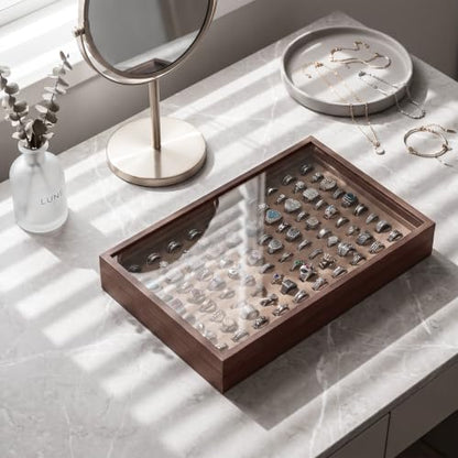 Wood Jewelry Organizer Tray, Rings Holder (Brown, 2Pc, Glass Lid) | Glass Top Rings Display, Dust-Proof Rings Organizer, Rings Tray Display, Elegant Jewelry Storage - size: Rings+Lid