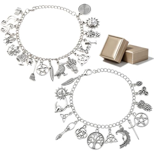 Vintage Witchy Charm Bracelet, 925 Celestial Gothic Boho Jewelry for Women, Celtic Pagan Ankh Lucky Hand Ankle Chain Ankle - color: A+B