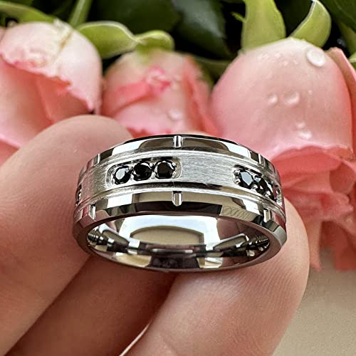 TUTISS 8mm Silver/Black Tungsten Rings for Men Women Promise Engagement Eternity Wedding Bands Black Cubic Zircon Stone Inlay All Around Matte Finish Comfort Fit - color: 8mm Tungsten