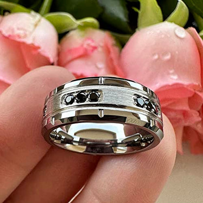 TUTISS 8mm Silver/Black Tungsten Rings for Men Women Promise Engagement Eternity Wedding Bands Black Cubic Zircon Stone Inlay All Around Matte Finish Comfort Fit - color: 8mm Tungsten