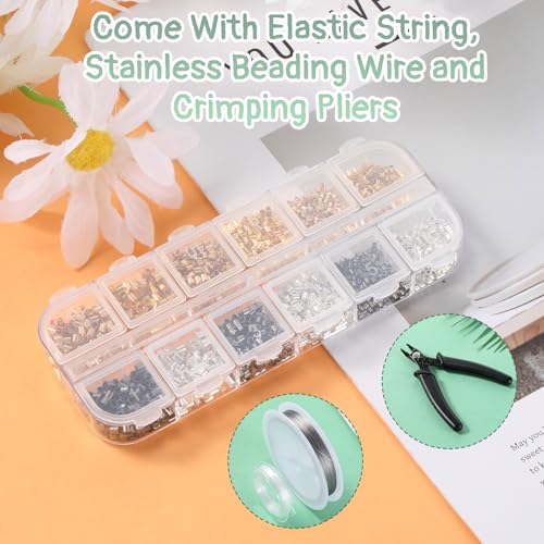 2200 Pieces Crimping Beads for Jewelry Making, Metal Crimp Tubes Tube Crimp Beads Jewelry Repair Kit with Crimping Pliers, Elastic Bracelet String and Bracelet Beading Wire for Necklaces Earring