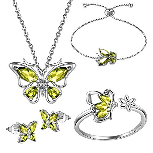 925 Sterling Silver Birthstone Butterfly Jewelry Women Crystal Animal Cute Butterflies Birthday Necklace/Earring/Ring/Bracelet Sets Birth Stone Statement Anniversary Jewellery - color: 3-H.August-Peridot