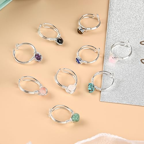 9 PCS Healing Crystal Ring, Adjustable Wire Wrapped Rings Irregular Gemstone Rings Set for Women - color: Silver-Style A