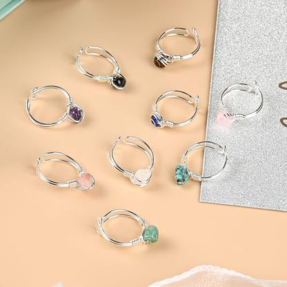 9 PCS Healing Crystal Ring, Adjustable Wire Wrapped Rings Irregular Gemstone Rings Set for Women - color: Silver-Style A