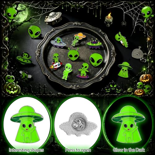 Liliaafar 36 Pieces Halloween Enamel Pins Set Grow in the Dark Halloween Lapel Pins Bulk for Backpacks Clothing Hat Bag Gifts - style: Green Alien
