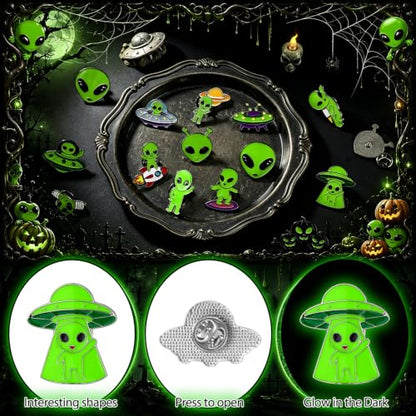Liliaafar 36 Pieces Halloween Enamel Pins Set Grow in the Dark Halloween Lapel Pins Bulk for Backpacks Clothing Hat Bag Gifts - style: Green Alien