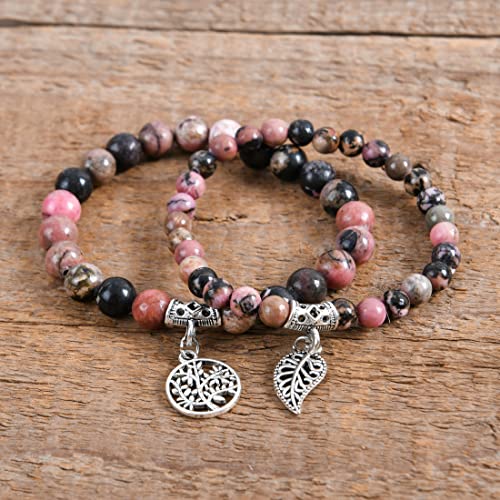 YGLINE Tree of Life Yoga Healing Stone Bracelets,Multilayer Lotus Chakra Stone Reiki Bracelet Sets,Anxiety Crystal Natural Stone,for Women Stress Relief - color: Rhodonite-2w