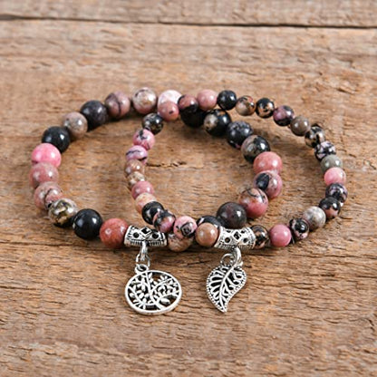 YGLINE Tree of Life Yoga Healing Stone Bracelets,Multilayer Lotus Chakra Stone Reiki Bracelet Sets,Anxiety Crystal Natural Stone,for Women Stress Relief - color: Rhodonite-2w