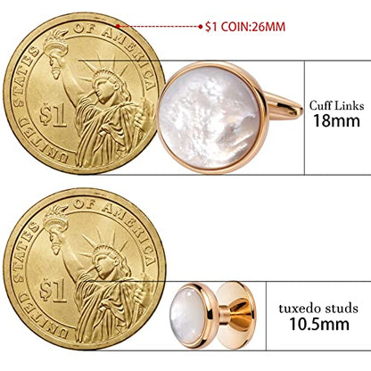 HAWSON Cufflinks and Tuxedo Studs Set for Men with Gift Box, Mother-of-Pearl Cuff links for French Cuff Shirt and Dress Shirt, Suitable for Wedding, Birthday, Party - style: Rose Gold & Beige