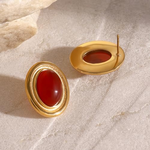 RAUCHBE Big Chunky Gold Earrings for Women Vintage Black Oval Earring Onyx Statement Earrings Trendy Jewelry - style: Red