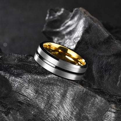 King Will Mens 8mm Cross Groove Tungsten Carbide Wedding Ring | Rose Gold, 8mm, Grooved, Comfort Fit, Cross design, Everyday Wear - color: Gunmetal-Gold Plated 8mm