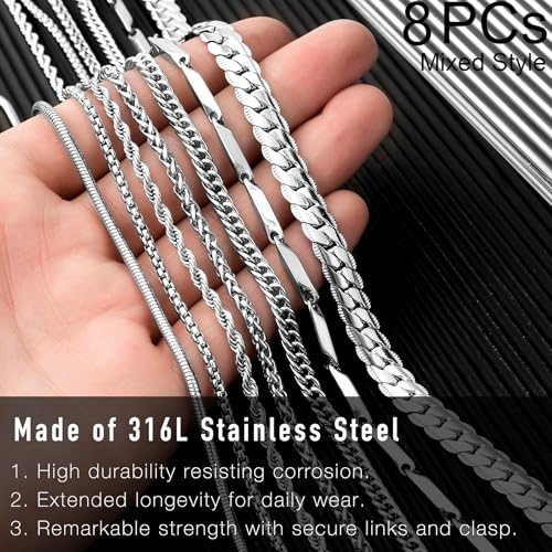 stino 7/8PCs Stainless Steel Chain Necklace Set for Men Women, Silver Tone Necklace Chains Bulk, Figaro Chain, Snake Chain, Cuban Link Chain, Rope Chain. - style: Same-Length 8Pcs