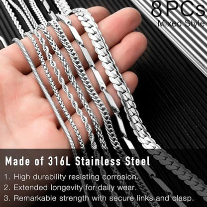 stino 7/8PCs Stainless Steel Chain Necklace Set for Men Women, Silver Tone Necklace Chains Bulk, Figaro Chain, Snake Chain, Cuban Link Chain, Rope Chain. - style: Same-Length 8Pcs