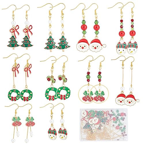 SUNNYCLUE 1 Box DIY 10 Pairs Christmas Charms Enamel Snowman Charm Earrings Making Starter Kit Red Green Rondelle Beads Christmas Tree Jingle Bell Charm Santa Claus Charms for Jewelry Making Kits - color: 7-diy-10 Pairs Christmas Enamel Earrings