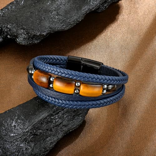 Mens Tiger Eye Leather Bracelet, Natural Tiger Eye Stone Multi-Layer Braided Cuff Bracelets for Men, Stainless Steel with Buckle Memorial Bangle Gifts for Him - color: Blue