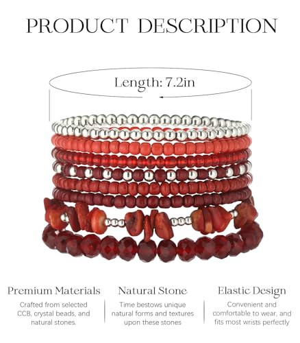 Noessla Boho Beaded Bracelets for Women Stackable Irregular Natural Stone Bead Stretch Bracelet Set 8PCS Costume Jewelry Gifts for Her - color: Red