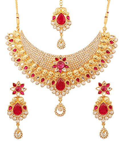 Touchstone Indian Bollywood Traditional Craftsmanship Mughal Designer Jewelry Wedding Necklace Set in Antique Gold Or White Tone for Women. - style: D445 Pink