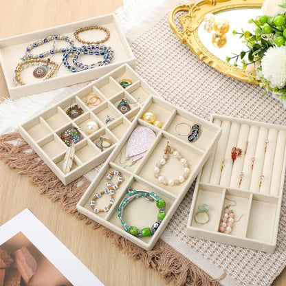 Inbagi 8 Pcs Small Velvet Jewelry Trays Stackable Drawers Organizer Inserts Divided Display Trays for Earring Ring Necklace, Beige