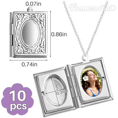 Framendino, 10 Pack Silver Rectangle Photo Frame Charms Stainless Steel Locket Memory Pendants for DIY Necklace Jewelry Making