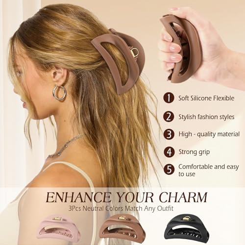3 Pcs Flexible Hair Clip, 4.1Inch Flexible Claw Clip for Sleeping | Unsnappable Soft Claws Clips for Lying Down & Driving, Non-slip Strong Hold Hair Clips for Thin Thick Hair, Brown&Pink - color: Brown-pink