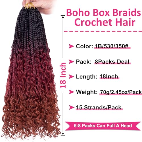 Unionbeauty 18 Inch Boho Box Braids Crochet Hair Goddess Box Braids Crochet Hair 8 Packs Bohemian Box Braids Crochet Hair for Black Woman Ombre Curly Crochet Braids Braiding Hair Extension 1B/530/350# - color: 1B/530/350#, size: 18 Inch (Pack of 8)