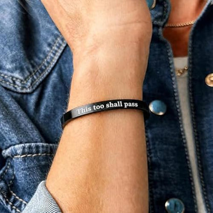 This Too Shall Pass But F*cking Hell Mantra Cuff Bracelets, Stainless Steel Inspirational Cuff Bracelets with Hidden Message Engraved Bracelet Open Adjustable Self-Reminder Bangle Motivational Jewelry for Women - color: Black