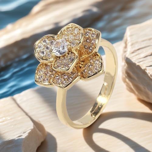Crystal Rose Flower Spinner Fidget Open Statement Ring for Women CZ Floral Rotated Relief Anxiety Stacking Finger Rings Wedding Engagement Promise Bands Dainty Birthday Jewelry for Adjustable - color: Gold