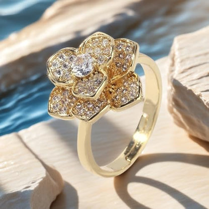 Crystal Rose Flower Spinner Fidget Open Statement Ring for Women CZ Floral Rotated Relief Anxiety Stacking Finger Rings Wedding Engagement Promise Bands Dainty Birthday Jewelry for Adjustable - color: Gold