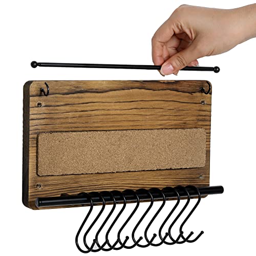 MyGift Wall Mounted Jewelry Organizer, Burnt Wood and Black Metal Necklace Holder, Bracelet, Earring Display Storage Rack with 10 Hanging S-Hooks