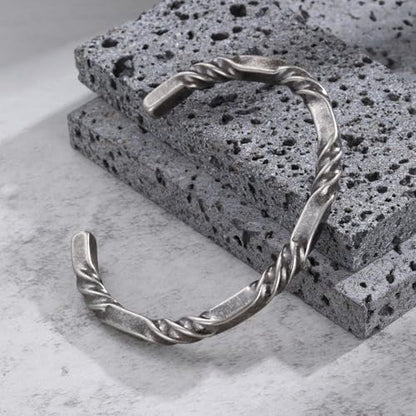 Hisatan Stainless Steel Mens Cuff Bracelet, Minimal Twist Cool Antique Retro/Silver/Black Open Metal Cuff Bangle Bracelets for Men, 65/70mm - color: Grey
