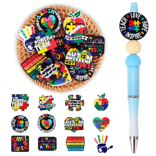 12pcs Autism Silicone Focal Beads for Pens | Focal Beads for Keychain Making,Pens,Bracelet,Necklace Crafts,Bulk Silicone Beads for DIY（Autism） - color: Autism