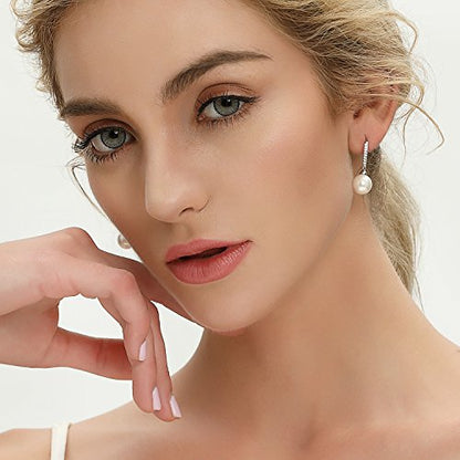 JO WISDOM 925 Sterling Silver Freshwater Pearl Hoop Earrings with Dangle Real Pearl,Simulated Pearls - color: D-10mm white pearl-2