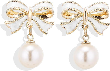 Gold Bow Earrings for Women, Long Tassel Chain Drop Earrings, Trendy Small Bow Earrings, Ribbon Waterfall Dangling Earrings, Pearl Bow Earrings, Sparkly Elegant Bowknot Preppy Jewelry Gifts for Women - color: Gold Bow-L