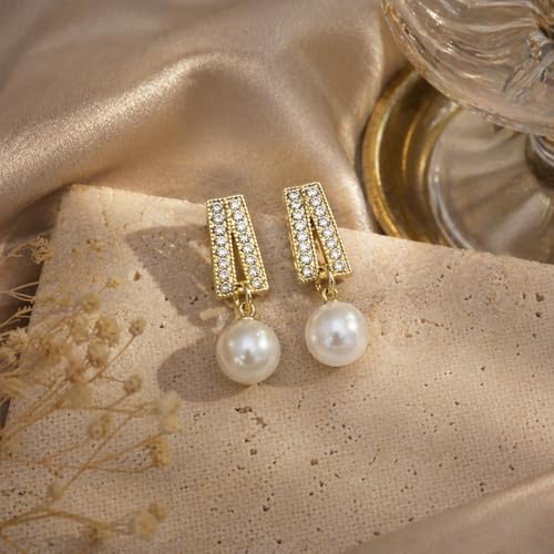 Pearl Clip on Earrings for Women - 14K Gold Silver Plated Cubic Zirconia Non Pierced Ear Clips Jewelry Gifts for Wedding Bridal Party Gifts - color: Gold-2 lines CZ