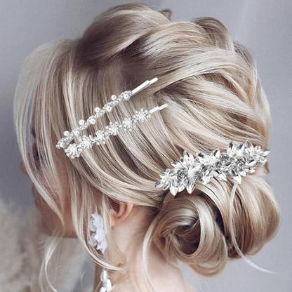 8pcs Rhinestone Side Clips Wedding Silver New Bride Bridesmaid Spring Clip French Hairpins Elegant Floral Stylish Accessories Gift for Women Girls