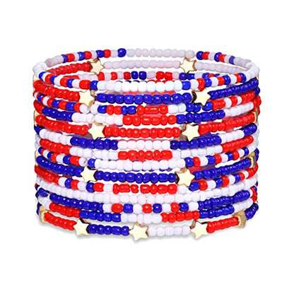 HEIDKRUEGER Bead Stretch Bracelets Independence Colorful Tiny Beaded Stackable Vsco Bracelets Boho Summer Vacation Adjustable Bangle Bracelet for Women Girls 14Pcs - color: American Red Blue