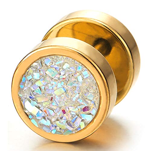 10mm Women Mens Black Circle Stud Earrings Black Glitter, Steel Cheater Fake Ear Plugs Gauges Tunnel - color: Metal color: Gold; Stone color: Colorful-01