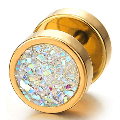 10mm Women Mens Black Circle Stud Earrings Black Glitter, Steel Cheater Fake Ear Plugs Gauges Tunnel - color: Metal color: Gold; Stone color: Colorful-01