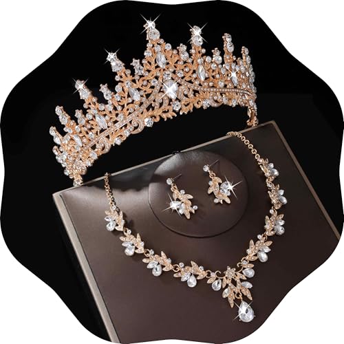 Kamirola Tiaras and Crowns for Women,Tiaras Earrings Necklace, Crystal Bridal Jewelry Set, Costume Jewelry for Women Party Halloween Prom Pageant - color: GOLD WHITE
